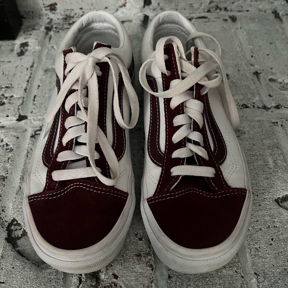 Vans White and Burgundy Suede Lace-Up Sneakers